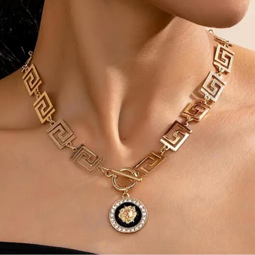 Gold and Black Greek Key Necklace